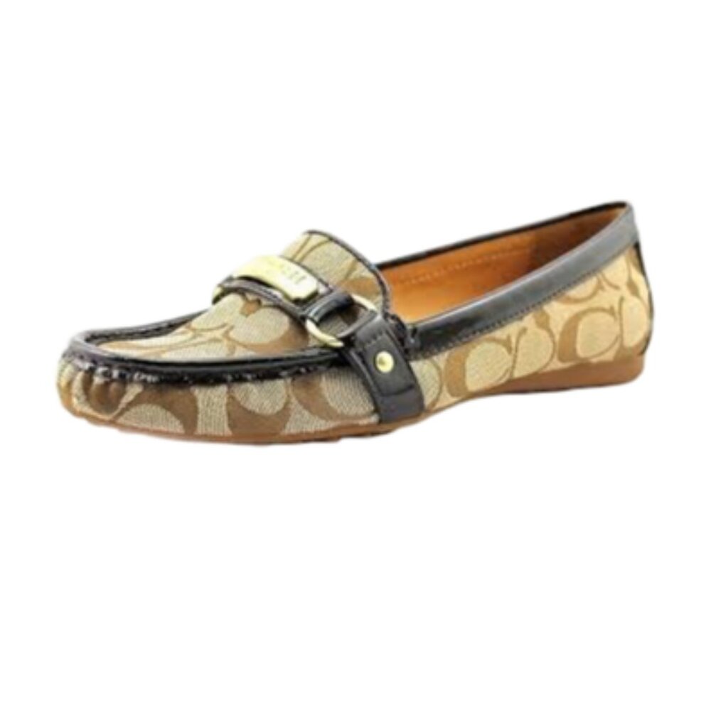 Coach Logo Neutral Brown Tan Canvas Gold Buckle Patent Leather Driving Loafers 6